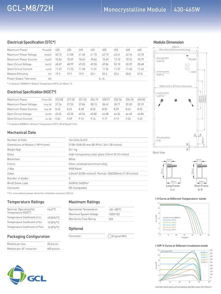 High Efficiency Gcl 144 Cell 430W Mono PV Solar Panel Price Warranty 25 Year